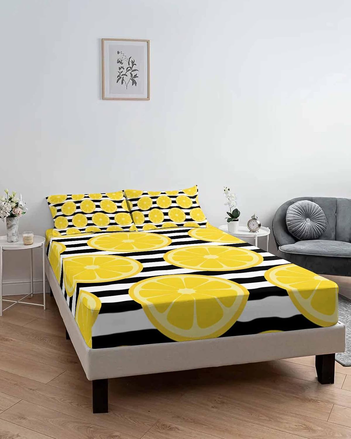 Twin XL Fitted Sheet, Farmhouses Country Yellow Lemon Soft Brushed Microfiber Deep Pocket Bed Sheets Set, Black White Stripes Breathable Bottom Sheets with Pillowcase,Fits Mattress Up to 16"