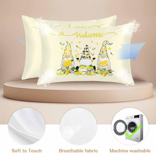 Lemon Gnomes King Standard Pillow Cases Set of 2, Vintage Fruit Yellow Welcome Satin Pillow Case Cover with Smooth Hidden Zipper Closure, Soft Throw Pillow Covers Cases for Home Decor 20X36 Inch