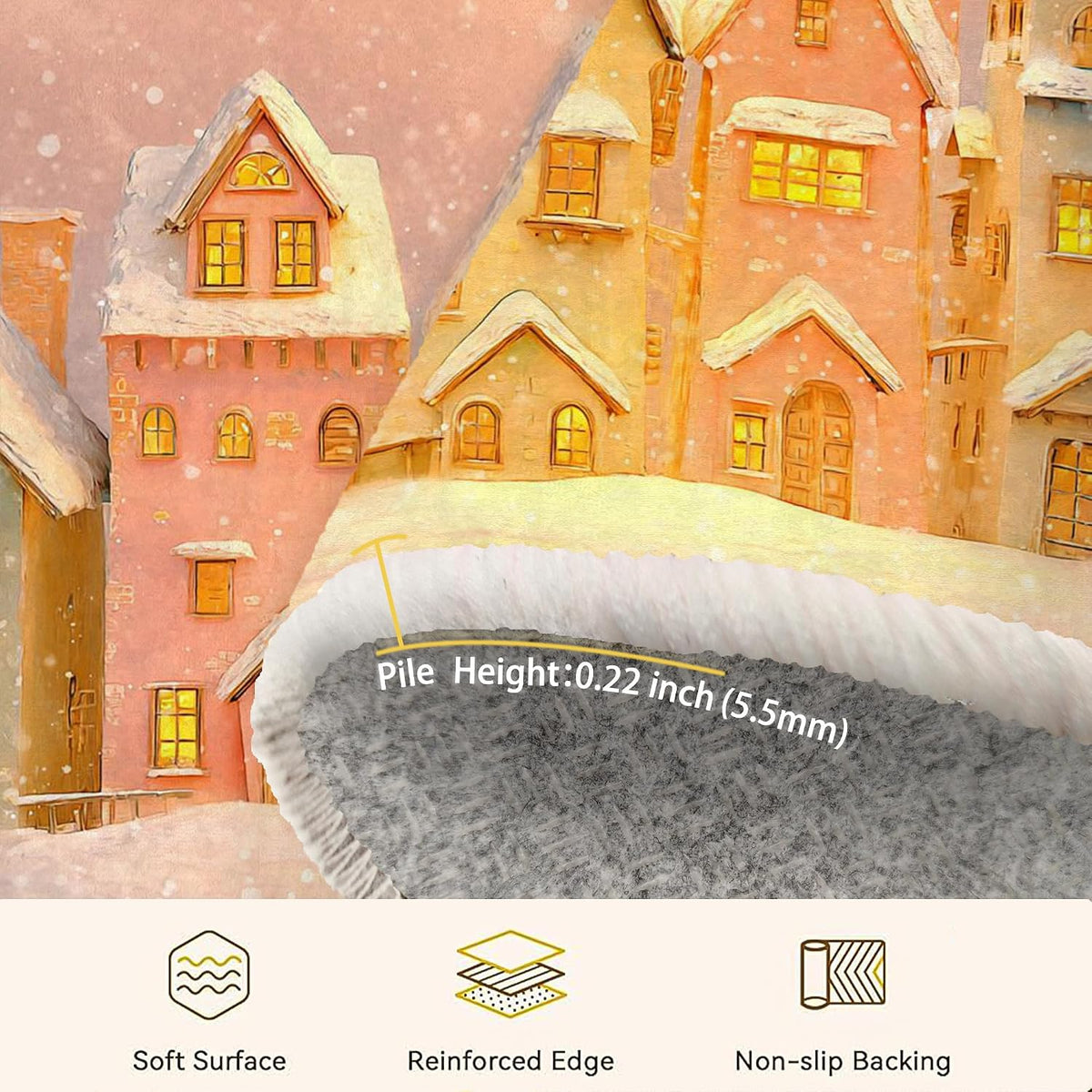 Houses Area Rug, Winter Cozy Snow Windows Winter Warm Yellow Low Pile Doormat Throw Rug Edge Binding Laundry Room Bathroom Doorway Entryway Decor 2' x 3'