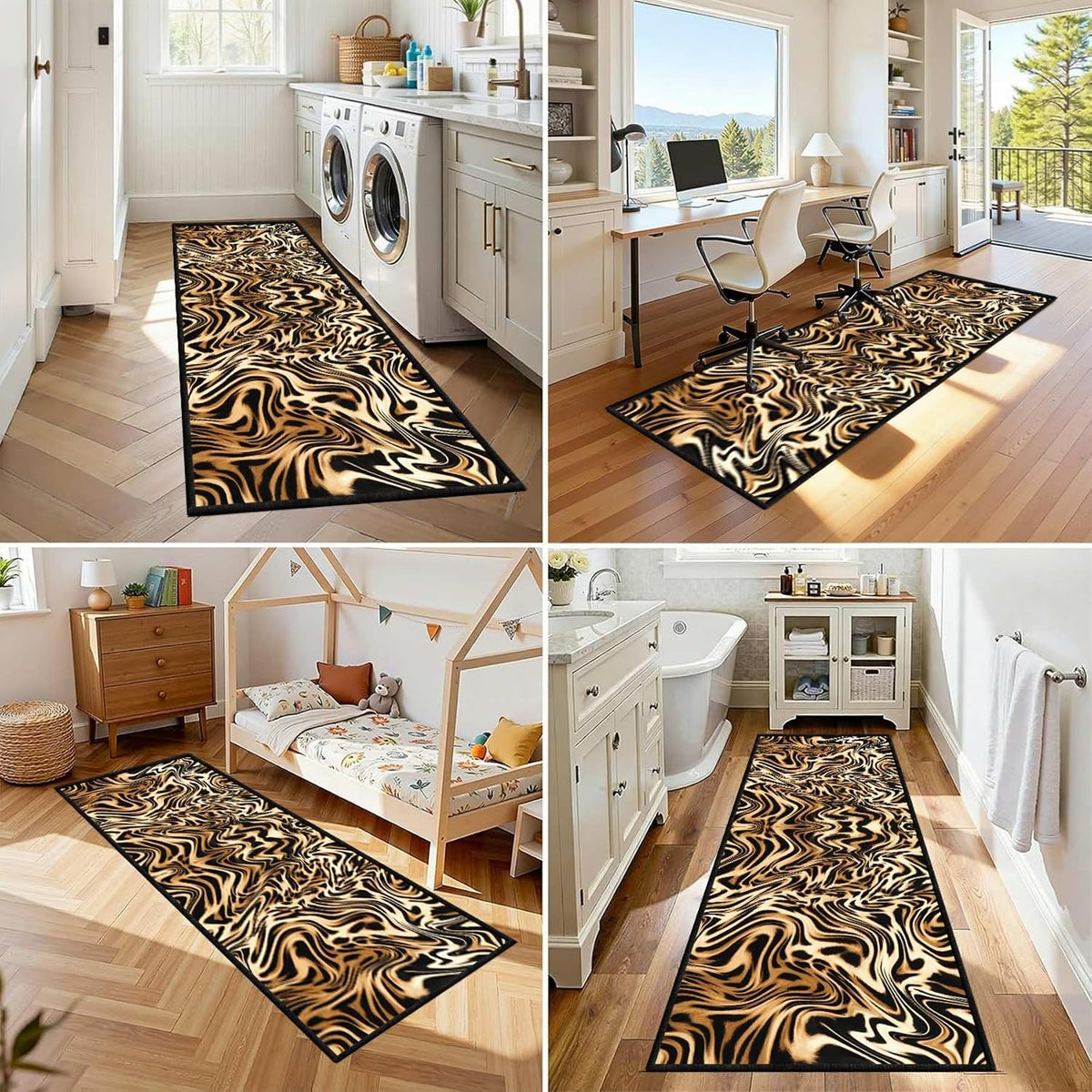 Tiger Stripe Washable Runner Rugs,2x8ft,Black Yellow with TPR Rubber Backing Non Slip Runner Rug for Hallway Kitchen Thin Durable Pet Friendly Bedroom Western Long Bathroom Rug