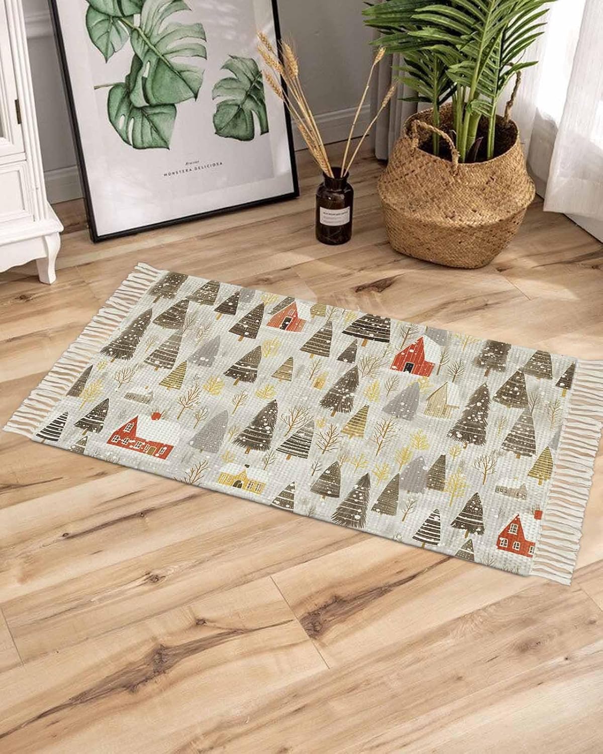 Christmas Rugs for Entryway 2x3 ft Winter Abstract Christmas Tree House Snow Yellow Small Area Rugs with Tassels Woven Floor Carpet Thow Mat for Front Door Indoor Entrance