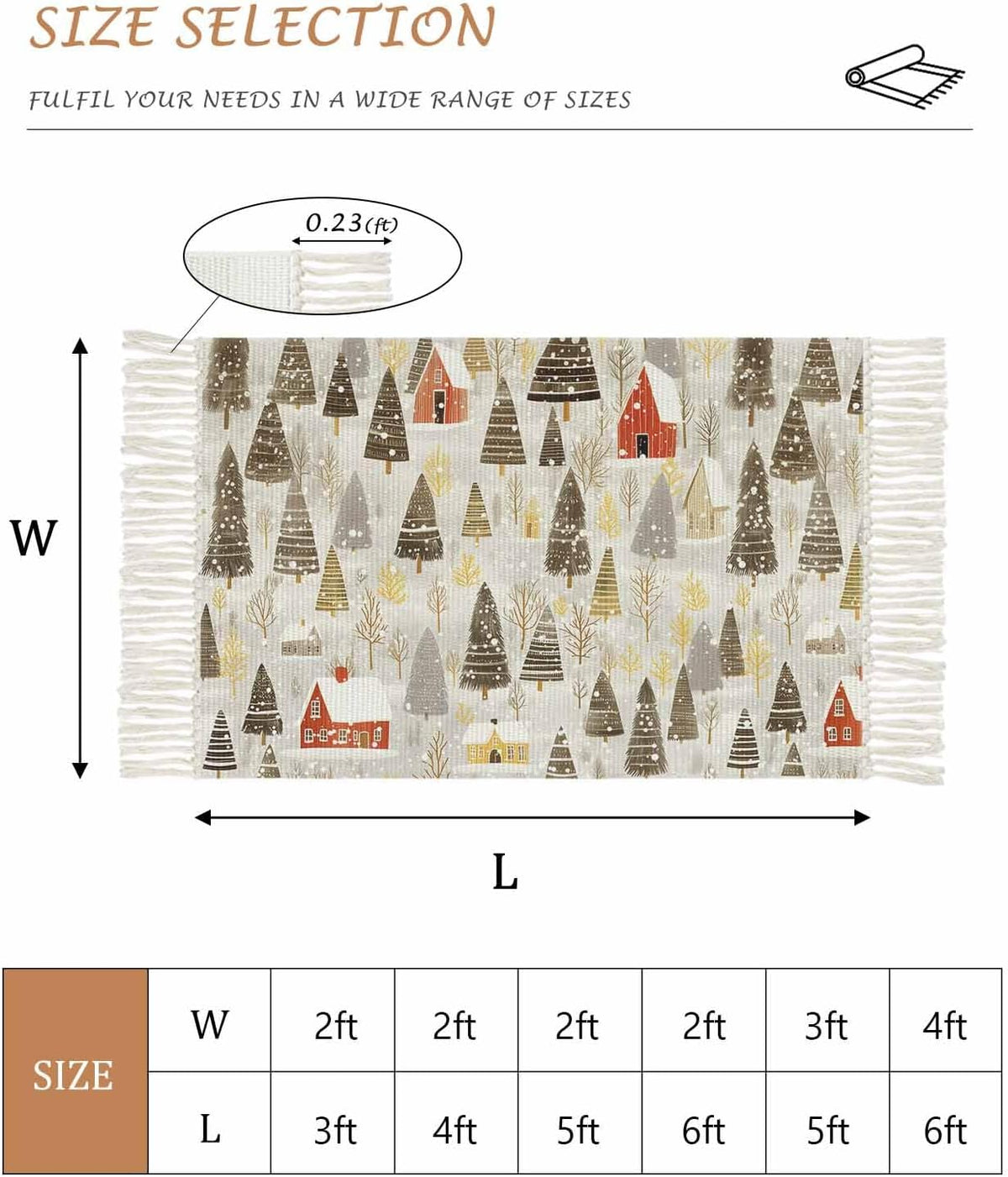 Christmas Rugs for Entryway 2x3 ft Winter Abstract Christmas Tree House Snow Yellow Small Area Rugs with Tassels Woven Floor Carpet Thow Mat for Front Door Indoor Entrance