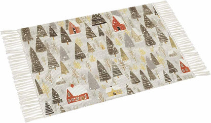 Christmas Rugs for Entryway 2x3 ft Winter Abstract Christmas Tree House Snow Yellow Small Area Rugs with Tassels Woven Floor Carpet Thow Mat for Front Door Indoor Entrance