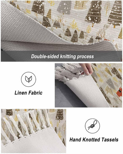 Christmas Rugs for Entryway 2x3 ft Winter Abstract Christmas Tree House Snow Yellow Small Area Rugs with Tassels Woven Floor Carpet Thow Mat for Front Door Indoor Entrance