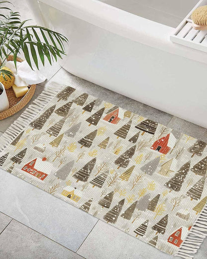 Christmas Rugs for Entryway 2x3 ft Winter Abstract Christmas Tree House Snow Yellow Small Area Rugs with Tassels Woven Floor Carpet Thow Mat for Front Door Indoor Entrance