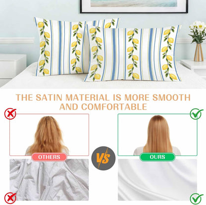 Lemon Striped Standard Pillowcase Set of 2, Yellow Fruit Blue White Satin Pillow Case Cover with Smooth Hidden Zipper Closure, Soft Throw Pillow Covers Cases for Home Decoration 20 X 26 Inches