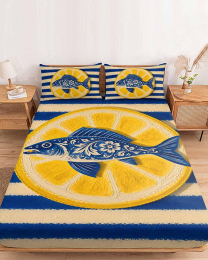 Fitted Sheets Elastic Deep Pocket Bed Sheet Twin XL Blue Fish Yellow Lemon Soft Brushed Microfiber Bed Sheets Set, Blue White Striped Mattress Cover Up Fitted Sheet Pillowcase for Bedroom
