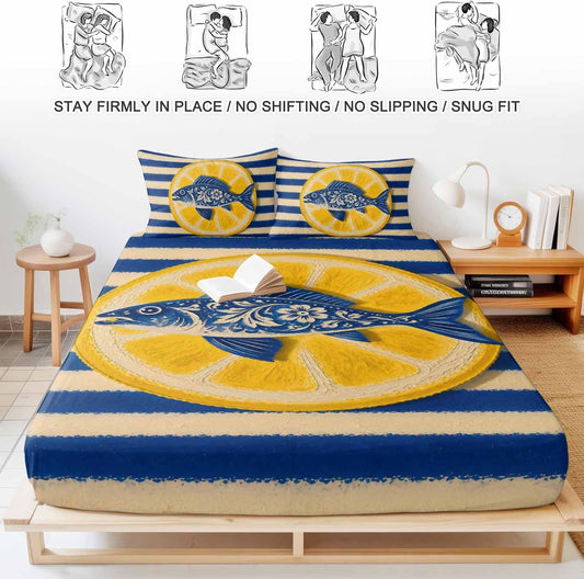 Fitted Sheets Elastic Deep Pocket Bed Sheet Twin XL Blue Fish Yellow Lemon Soft Brushed Microfiber Bed Sheets Set, Blue White Striped Mattress Cover Up Fitted Sheet Pillowcase for Bedroom