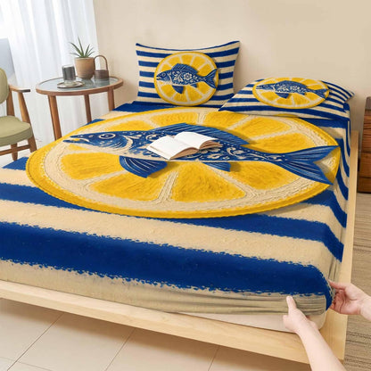 Fitted Sheets Elastic Deep Pocket Bed Sheet Twin XL Blue Fish Yellow Lemon Soft Brushed Microfiber Bed Sheets Set, Blue White Striped Mattress Cover Up Fitted Sheet Pillowcase for Bedroom