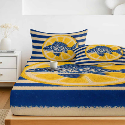 Fitted Sheets Elastic Deep Pocket Bed Sheet Twin XL Blue Fish Yellow Lemon Soft Brushed Microfiber Bed Sheets Set, Blue White Striped Mattress Cover Up Fitted Sheet Pillowcase for Bedroom