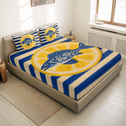 Fitted Sheets Elastic Deep Pocket Bed Sheet Twin XL Blue Fish Yellow Lemon Soft Brushed Microfiber Bed Sheets Set, Blue White Striped Mattress Cover Up Fitted Sheet Pillowcase for Bedroom