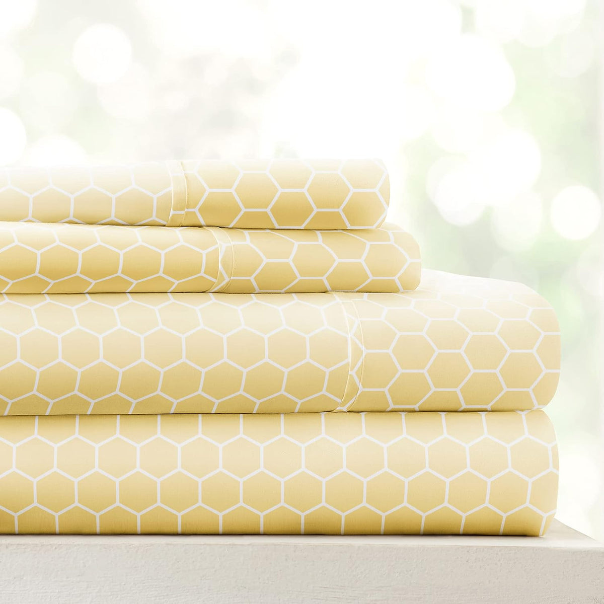 Patterned Microfiber Full Sheet Set 4 Piece – Oeko-TEX Certified Ultra Soft & Wrinkle-Free - 16" Deep Pocket Sheets - Easy Care Full Size - Honeycomb Yellow
