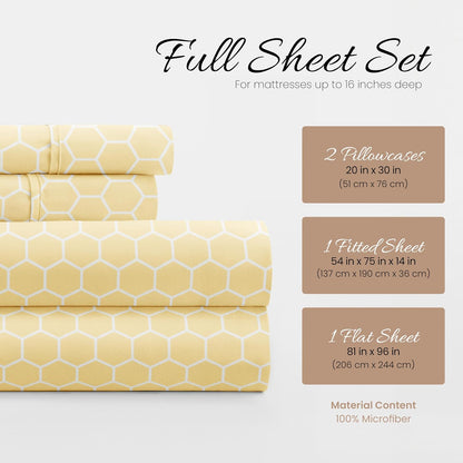 Patterned Microfiber Full Sheet Set 4 Piece – Oeko-TEX Certified Ultra Soft & Wrinkle-Free - 16" Deep Pocket Sheets - Easy Care Full Size - Honeycomb Yellow