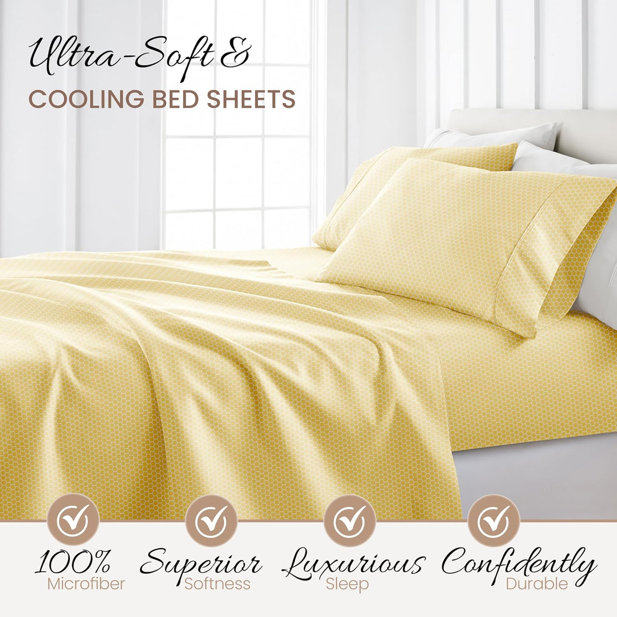 Patterned Microfiber Full Sheet Set 4 Piece – Oeko-TEX Certified Ultra Soft & Wrinkle-Free - 16" Deep Pocket Sheets - Easy Care Full Size - Honeycomb Yellow