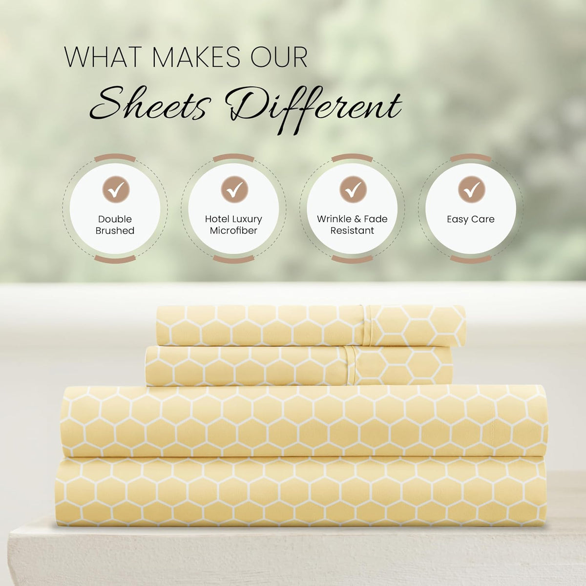Patterned Microfiber Full Sheet Set 4 Piece – Oeko-TEX Certified Ultra Soft & Wrinkle-Free - 16" Deep Pocket Sheets - Easy Care Full Size - Honeycomb Yellow