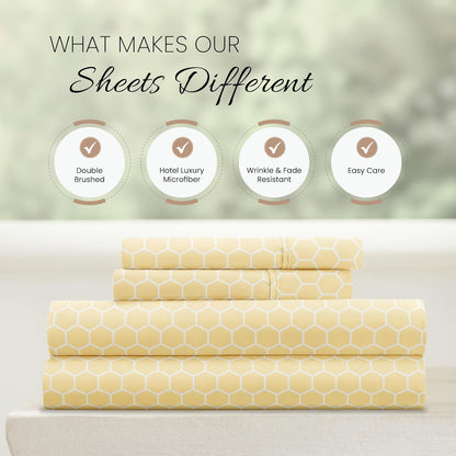 Patterned Microfiber Full Sheet Set 4 Piece – Oeko-TEX Certified Ultra Soft & Wrinkle-Free - 16" Deep Pocket Sheets - Easy Care Full Size - Honeycomb Yellow