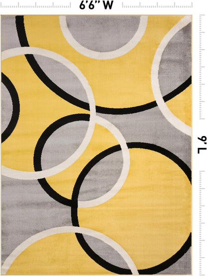 Abstract Circles Contemporary Living Room Area Rug Yellow 6'6" x 9'