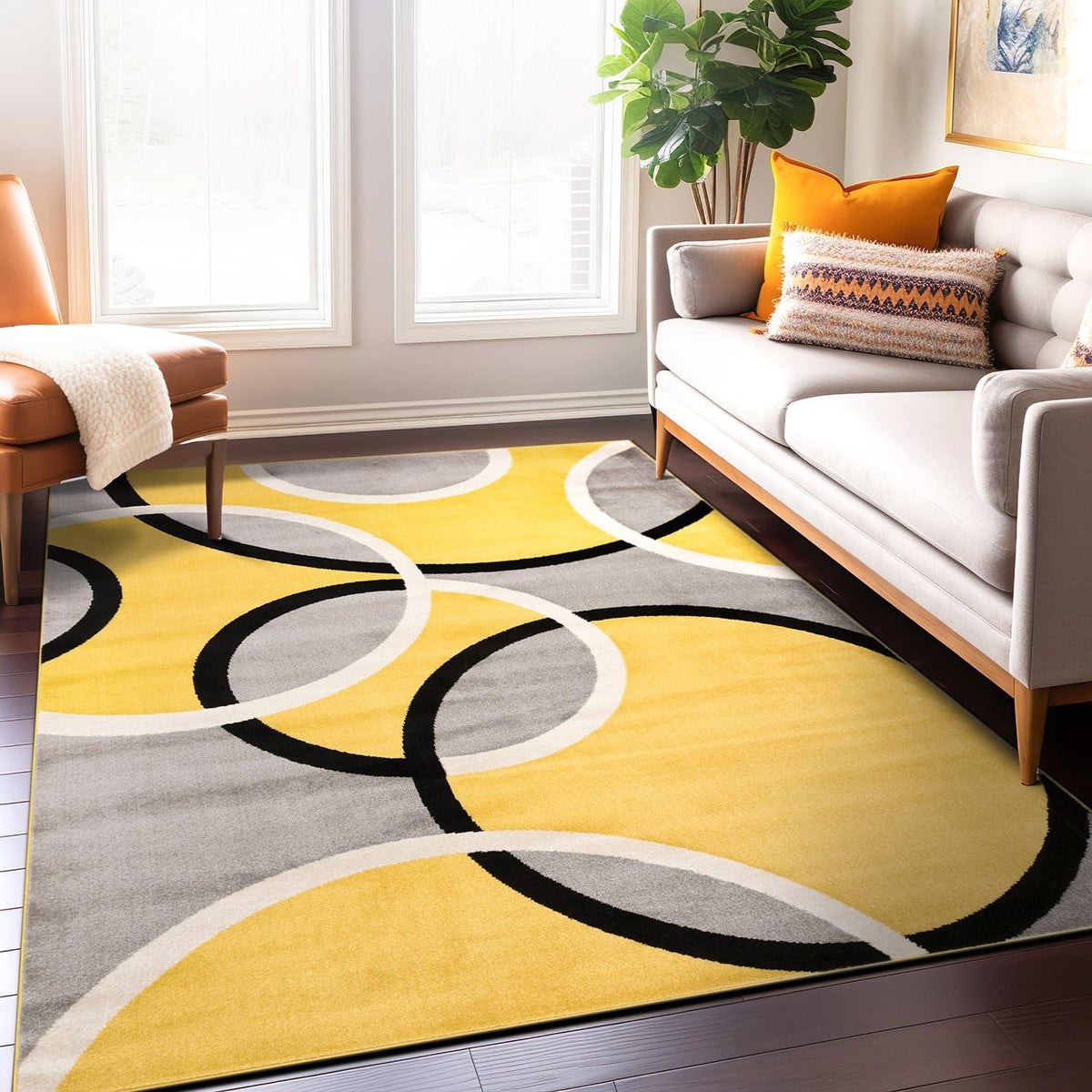 Abstract Circles Contemporary Living Room Area Rug Yellow 6'6" x 9'