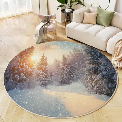 Tree Snowflakes Round Area Rug, Soft Round Rugs 3Ft Ultra-Thin Non-Slip, Winter Scenery Large Circle Carpet for Bedroom Living Room Kitchen Nursery, Yellow