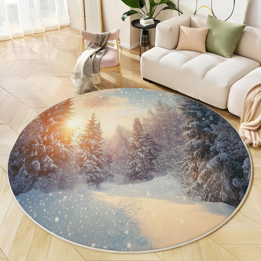 Tree Snowflakes Round Area Rug, Soft Round Rugs 3Ft Ultra-Thin Non-Slip, Winter Scenery Large Circle Carpet for Bedroom Living Room Kitchen Nursery, Yellow