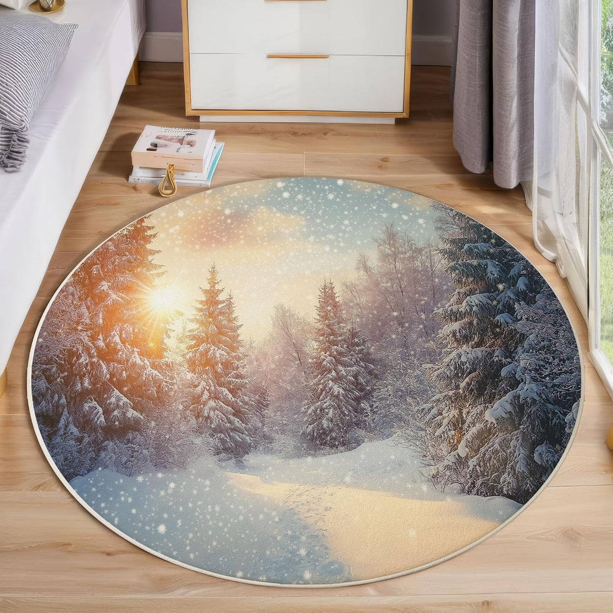 Tree Snowflakes Round Area Rug, Soft Round Rugs 3Ft Ultra-Thin Non-Slip, Winter Scenery Large Circle Carpet for Bedroom Living Room Kitchen Nursery, Yellow