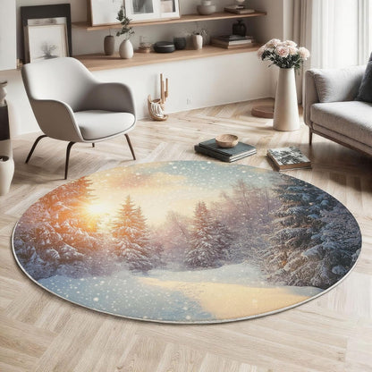 Tree Snowflakes Round Area Rug, Soft Round Rugs 3Ft Ultra-Thin Non-Slip, Winter Scenery Large Circle Carpet for Bedroom Living Room Kitchen Nursery, Yellow