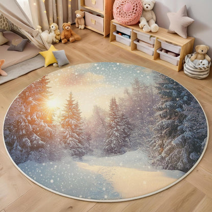 Tree Snowflakes Round Area Rug, Soft Round Rugs 3Ft Ultra-Thin Non-Slip, Winter Scenery Large Circle Carpet for Bedroom Living Room Kitchen Nursery, Yellow