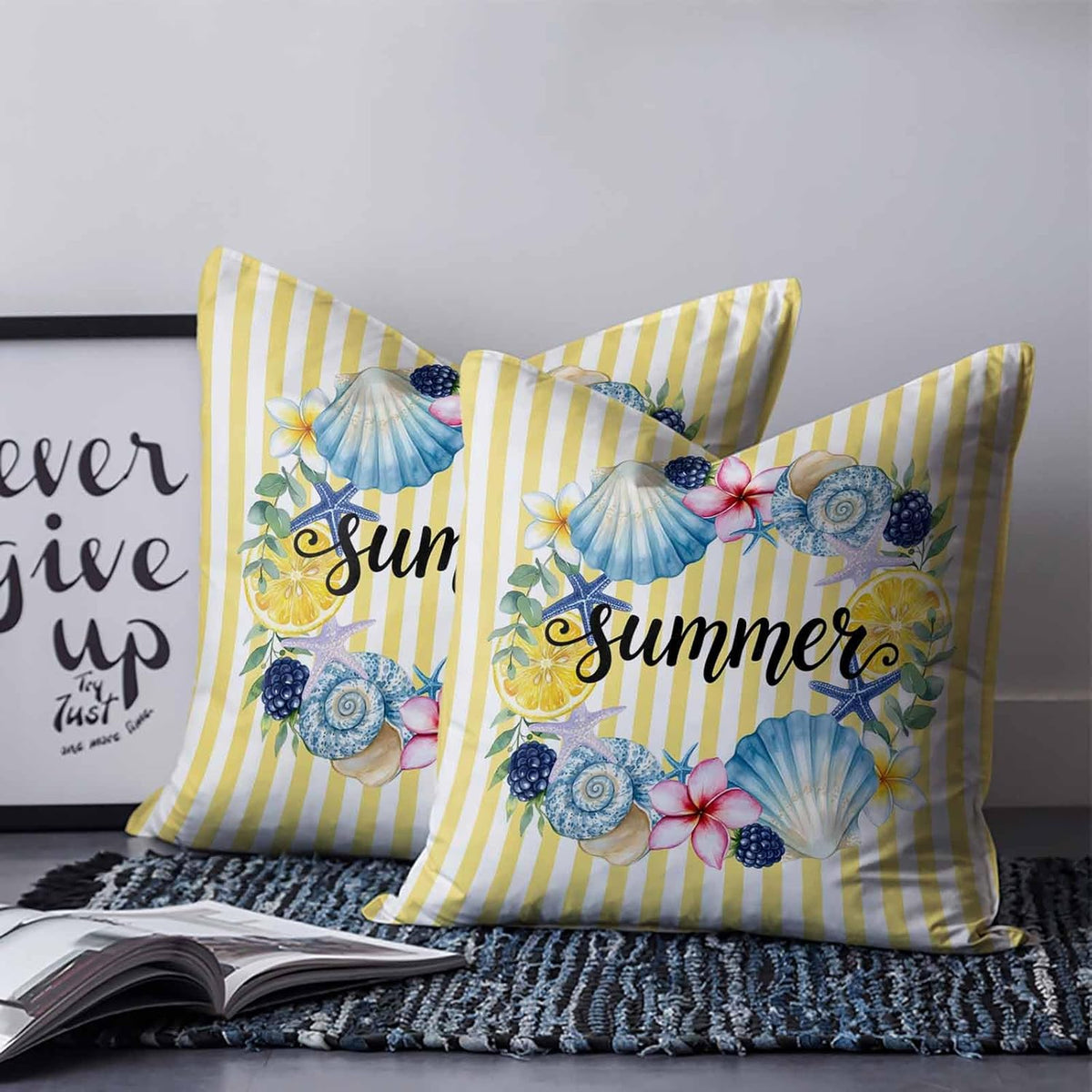 Summer 2PCS Throw Pillow Covers for Couch Sofa Bed, Lemons Starfish Flower Stripes Yellow Pillow Covers 16x16 inch, Standard Pillowcases Set Decorative Cushion Covers for Living Room Bedroom