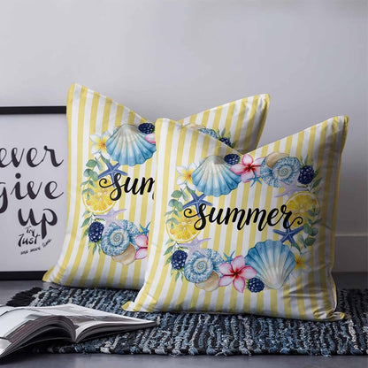Summer 2PCS Throw Pillow Covers for Couch Sofa Bed, Lemons Starfish Flower Stripes Yellow Pillow Covers 16x16 inch, Standard Pillowcases Set Decorative Cushion Covers for Living Room Bedroom