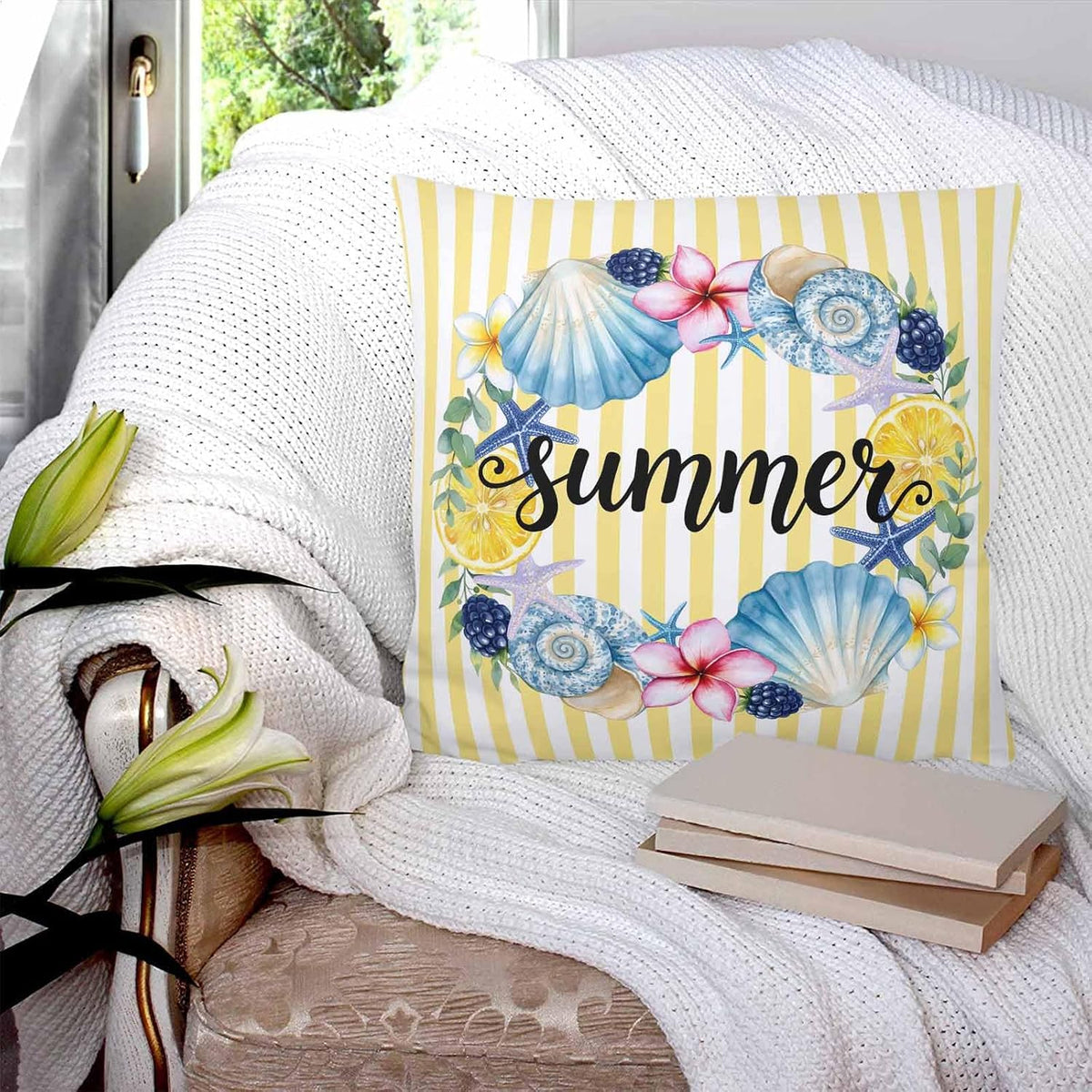 Summer 2PCS Throw Pillow Covers for Couch Sofa Bed, Lemons Starfish Flower Stripes Yellow Pillow Covers 16x16 inch, Standard Pillowcases Set Decorative Cushion Covers for Living Room Bedroom