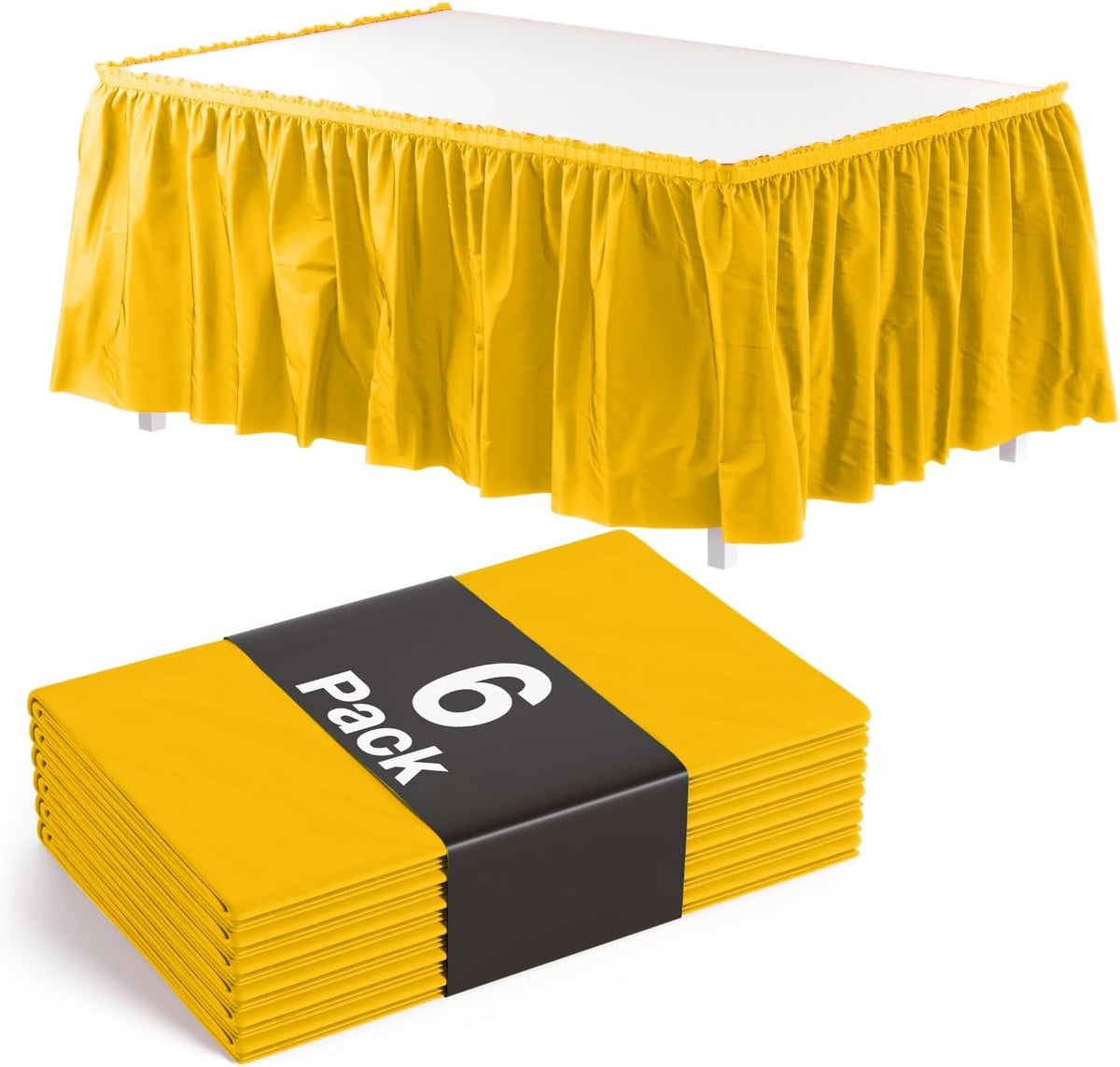 Yellow Table Skirt 6 Pack - Disposable Plastic Table Skirts for Rectangle Tables 6ft 8ft & Round Tables - 29in x 14ft Self-Adhesive Strip - Birthday Wedding Gender Reveal Decor