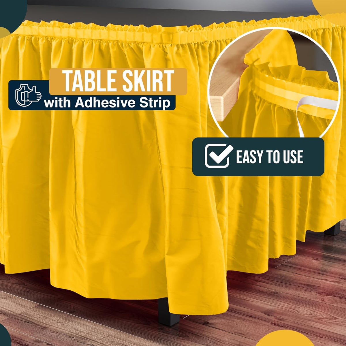 Yellow Table Skirt 6 Pack - Disposable Plastic Table Skirts for Rectangle Tables 6ft 8ft & Round Tables - 29in x 14ft Self-Adhesive Strip - Birthday Wedding Gender Reveal Decor