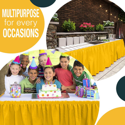 Yellow Table Skirt 6 Pack - Disposable Plastic Table Skirts for Rectangle Tables 6ft 8ft & Round Tables - 29in x 14ft Self-Adhesive Strip - Birthday Wedding Gender Reveal Decor