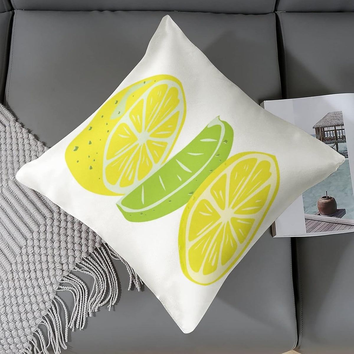 Satin Modern Cushion Case Yellow Green Lemon Throw Pillow Covers Lemon Summer Outdoor Throw Pillow Covers Hidden Zipper Cushion Case for Sofa Couch 16"x16" Soft Cooling Printed Pillow Cases