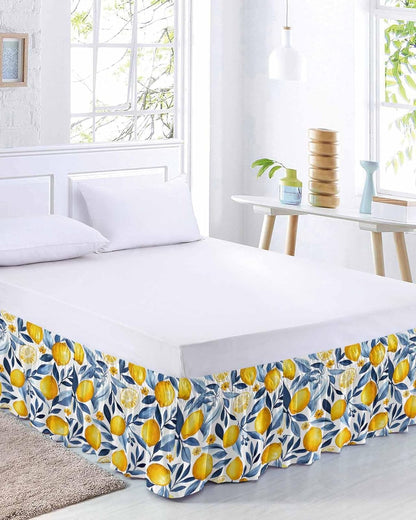 Yellow Lemon Bed Skirt Queen Size 16 Inch Drop, Adjustable Elastic Wrap Around Bed Skirts Easy Fitting Dust Ruffle Bedskirt Bed Frame Cover Blue Flower Leaves Spring Summer Plant