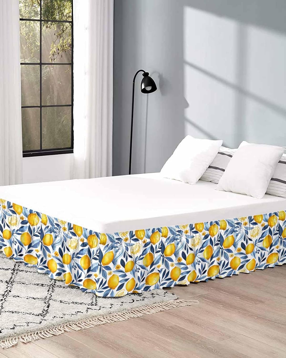 Yellow Lemon Bed Skirt Queen Size 16 Inch Drop, Adjustable Elastic Wrap Around Bed Skirts Easy Fitting Dust Ruffle Bedskirt Bed Frame Cover Blue Flower Leaves Spring Summer Plant