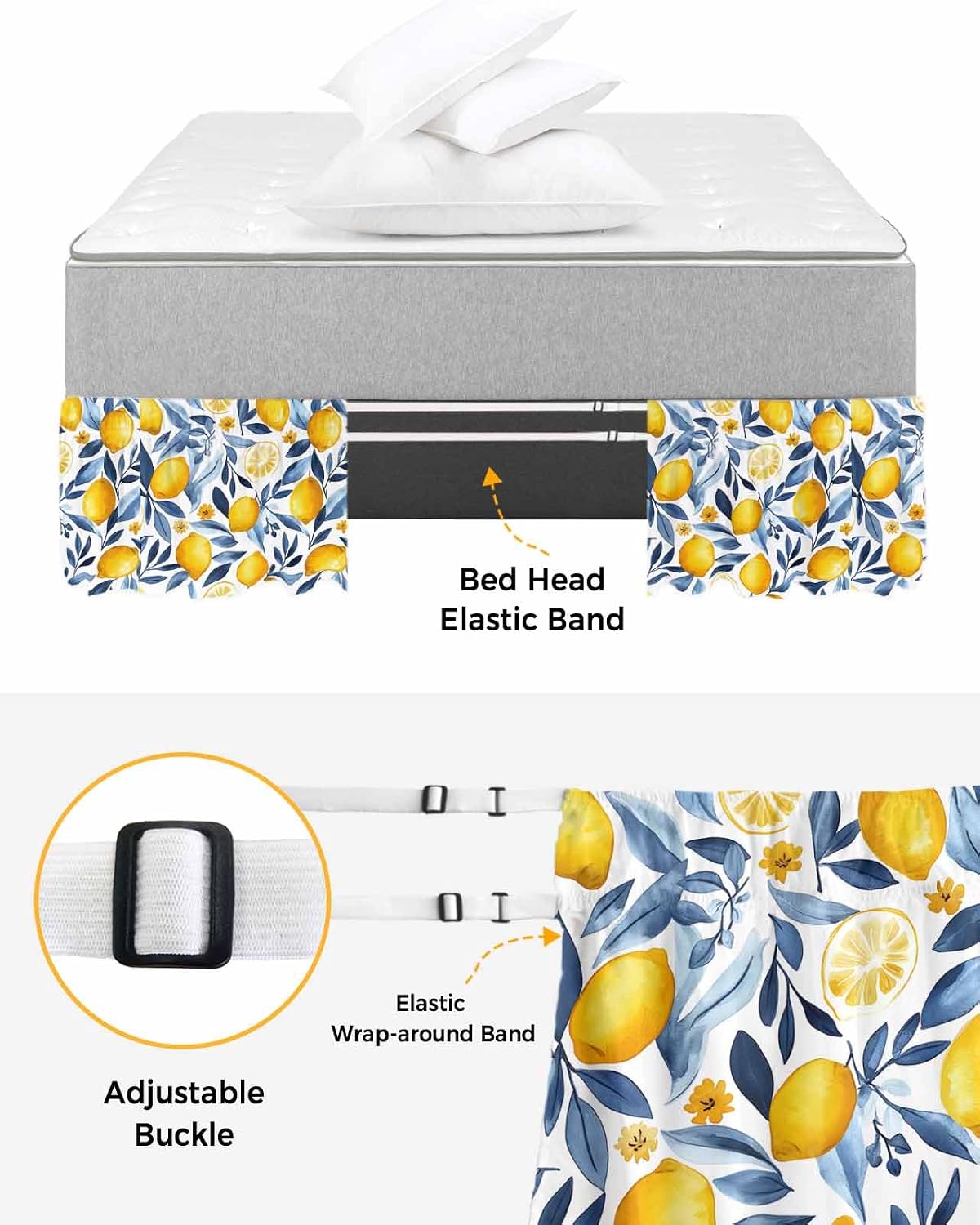 Yellow Lemon Bed Skirt Queen Size 16 Inch Drop, Adjustable Elastic Wrap Around Bed Skirts Easy Fitting Dust Ruffle Bedskirt Bed Frame Cover Blue Flower Leaves Spring Summer Plant
