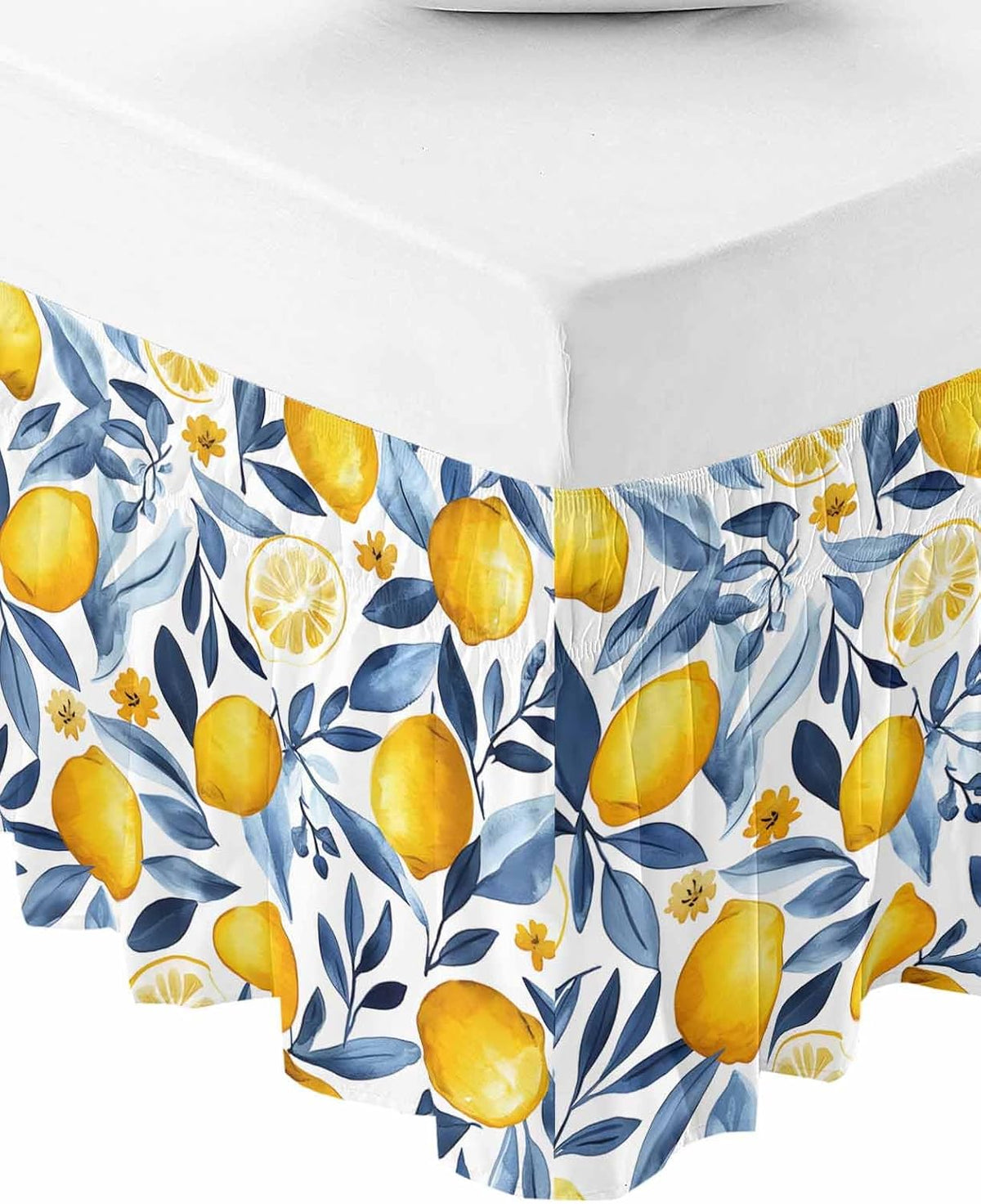 Yellow Lemon Bed Skirt Queen Size 16 Inch Drop, Adjustable Elastic Wrap Around Bed Skirts Easy Fitting Dust Ruffle Bedskirt Bed Frame Cover Blue Flower Leaves Spring Summer Plant