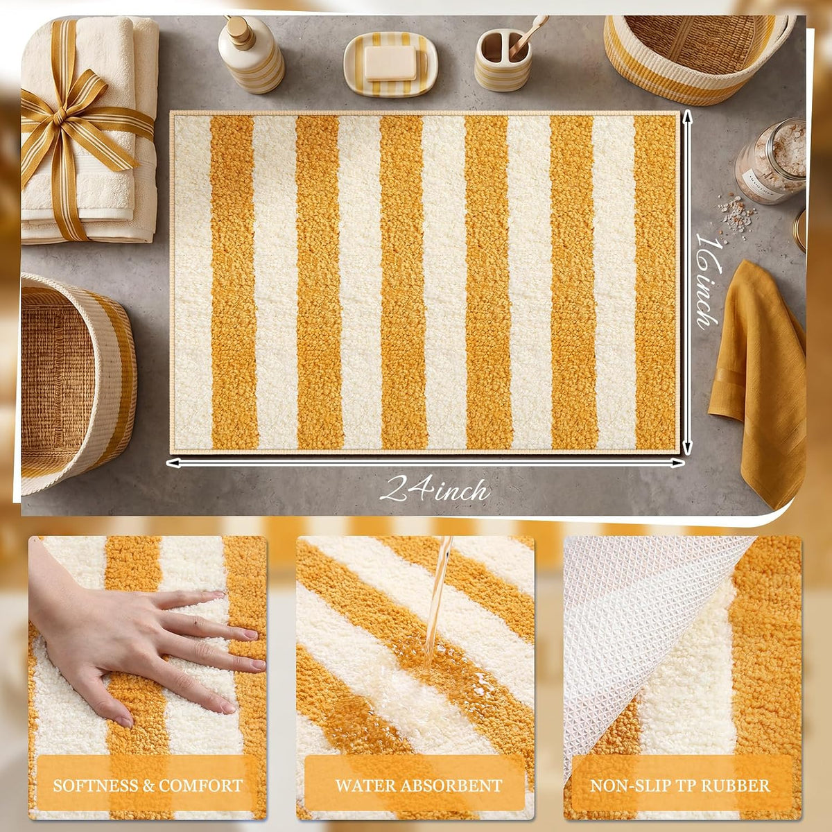Yellow and White Striped Bathroom Rug, 24"x16" Absorbent Bath Mat