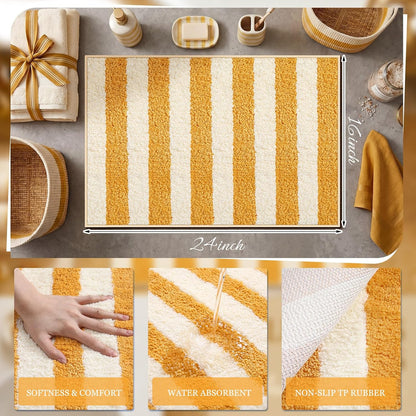 Yellow and White Striped Bathroom Rug, 24"x16" Absorbent Bath Mat