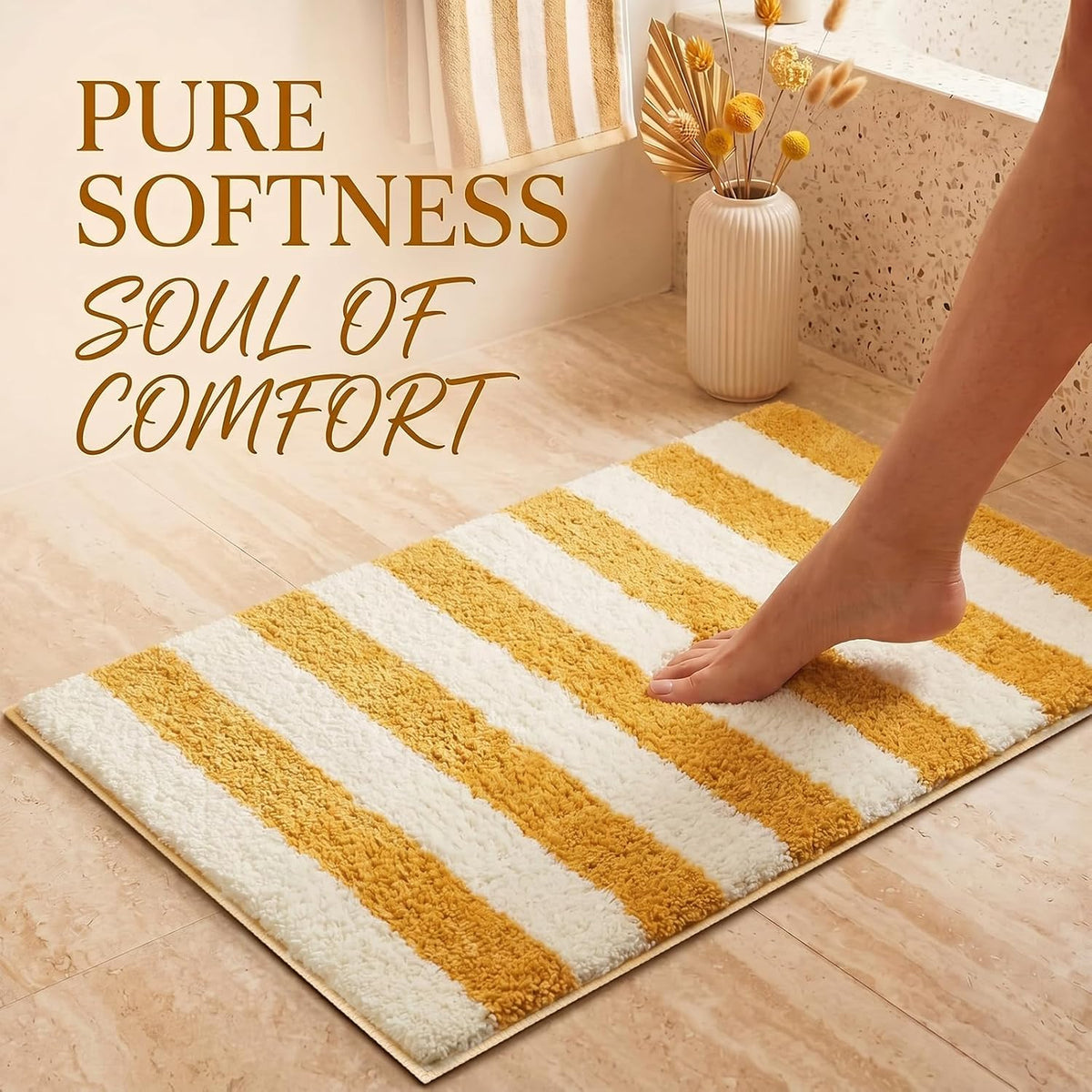Yellow and White Striped Bathroom Rug, 24"x16" Absorbent Bath Mat