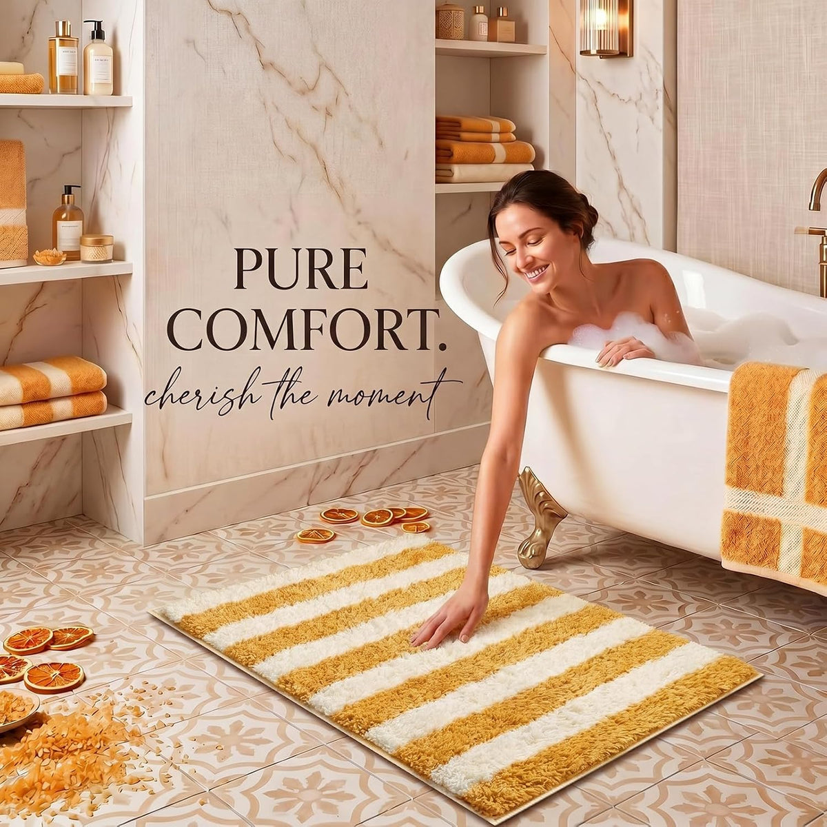 Yellow and White Striped Bathroom Rug, 24"x16" Absorbent Bath Mat