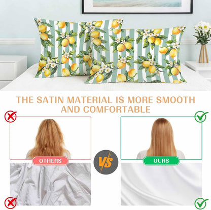 Yellow Lemon Pillow Cases Standard Size Set of 2, Spring Botanical Floral Leaves Aqua Stripes Satin Pillowcase with Zipper for Hair/Skin, Decorative Pillow Covers for Bed/Couch/Sofa, 20x26 Inches