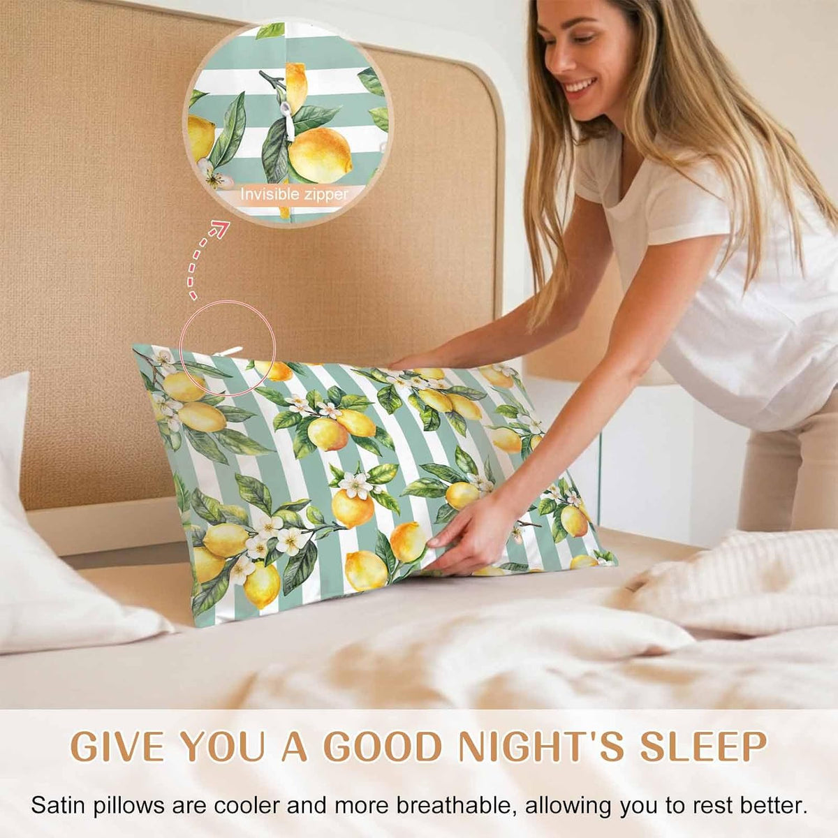 Yellow Lemon Pillow Cases Standard Size Set of 2, Spring Botanical Floral Leaves Aqua Stripes Satin Pillowcase with Zipper for Hair/Skin, Decorative Pillow Covers for Bed/Couch/Sofa, 20x26 Inches