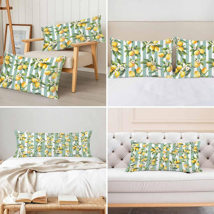 Yellow Lemon Pillow Cases Standard Size Set of 2, Spring Botanical Floral Leaves Aqua Stripes Satin Pillowcase with Zipper for Hair/Skin, Decorative Pillow Covers for Bed/Couch/Sofa, 20x26 Inches