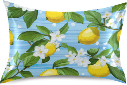 Yellow Lemon Flower Satin Pillowcase for Hair and Skin Body Pillow Covers Standard Size 20"X26" Similar to Silk Pillow Cases with Envelope Closure for Pillow