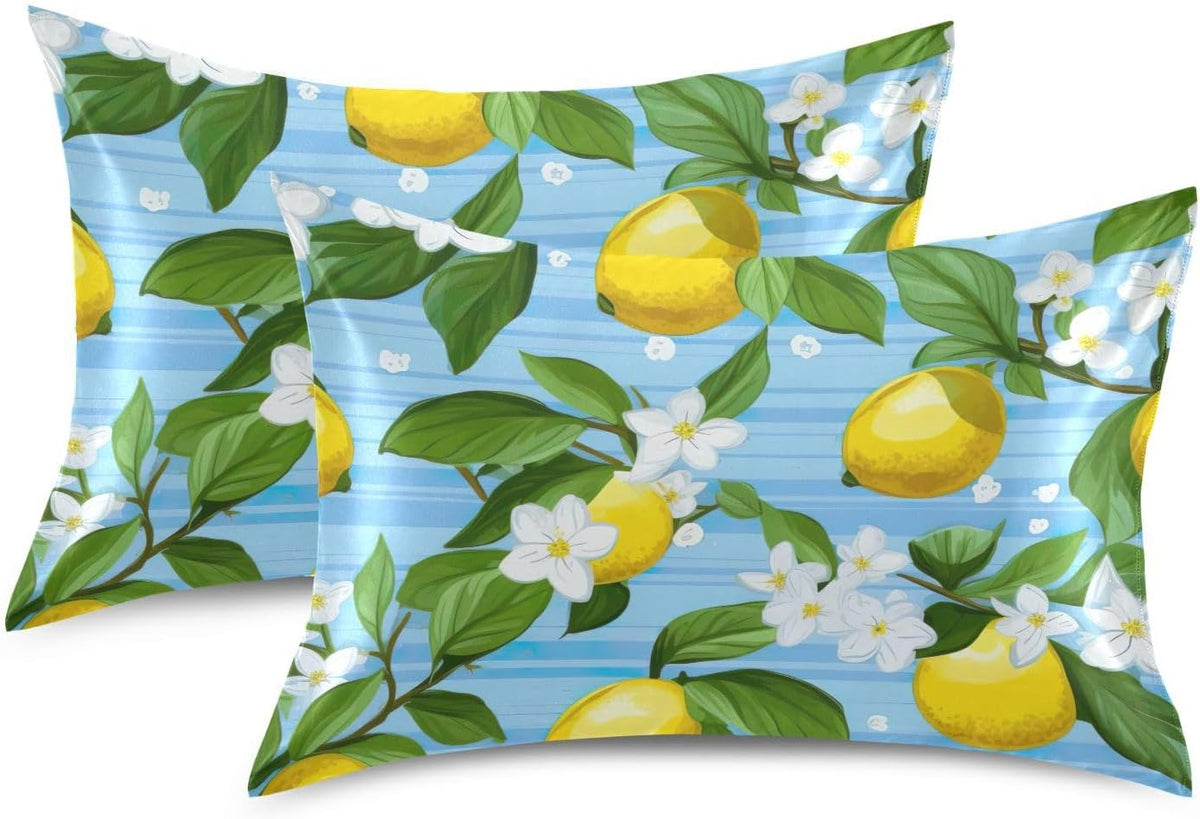 Yellow Lemon Flower Satin Pillowcase for Hair and Skin Body Pillow Covers Standard Size 20"X26" Similar to Silk Pillow Cases with Envelope Closure for Pillow