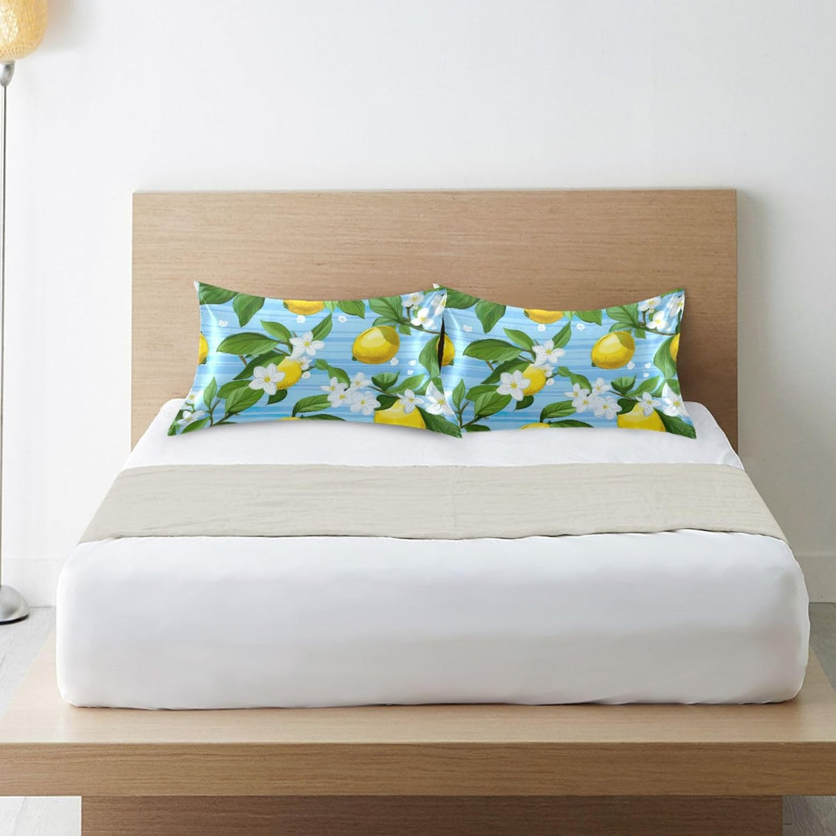 Yellow Lemon Flower Satin Pillowcase for Hair and Skin Body Pillow Covers Standard Size 20"X26" Similar to Silk Pillow Cases with Envelope Closure for Pillow