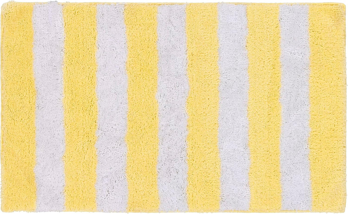Beach Stripe Yellow Striped Washable Bath Rug – Non-Slip, Quick-Dry, Soft & Absorbent Bathroom Mat, Machine Washable, Coastal Décor (21" x 34")