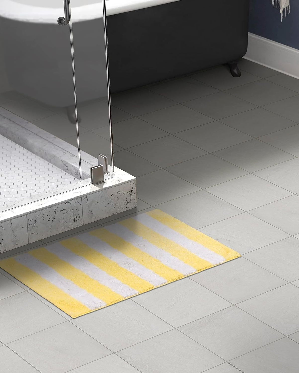 Beach Stripe Yellow Striped Washable Bath Rug – Non-Slip, Quick-Dry, Soft & Absorbent Bathroom Mat, Machine Washable, Coastal Décor (21" x 34")